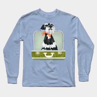 Miniature Schnauzer Dog sitting in an empty vintage  suitcase Long Sleeve T-Shirt